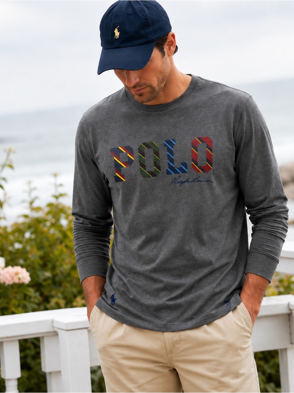 Polo Ralph Lauren XXL Tall Long Sleeve Graphic Logo Tee Gray 100% Cotton Classic